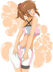 Rule 34 | 10s, 1girl, absurdres, ass, ass grab, back, bare shoulders, bike shorts, blue eyes, blush, breasts, brown hair, deep skin, female focus, from behind, gundam, gundam build fighters, gundam build fighters try, highres, hoshino fumina, long hair, looking at viewer, looking back, open mouth, ponytail, scrunchie, shiny clothes, shiny skin, sideboob, smile, solo, sports bra, takkee, tank top, thigh strap, tongue