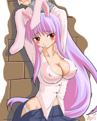 Rule 34 | 1girl, animal ears, arms behind head, bdsm, blush, bondage, bound, breasts, brick wall, cleavage, collarbone, covered erect nipples, cuffs, dress shirt, female focus, head tilt, highres, hip focus, large breasts, light purple hair, long hair, miniskirt, panties, parted lips, pink hair, rabbit ears, red eyes, reisen udongein inaba, shirt, skirt, solo, standing, touhou, unbuttoned, underwear, very long hair, white panties, yuro (yuroaoj)