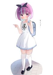 Rule 34 | 1girl, absurdres, ahoge, backpack, bag, black footwear, black ribbon, blue hair, blush, bow hairband, colored inner hair, dress, full body, hairband, highres, hololive, looking at viewer, minato aqua, multicolored hair, parted lips, pointing, pointing to the side, purple eyes, purple hair, randoseru, ribbon, short hair, simple background, sleeveless, sleeveless dress, solo, standing, streaked hair, sweatdrop, thighhighs, tsuyu soba (tuyusoba), two-tone hair, virtual youtuber, white background, white dress, white thighhighs