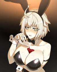 Rule 34 | 1girl, absurdres, alcohol, animal ears, black leotard, breasts, collarbone, cup, detached collar, drinking glass, fake animal ears, fate/grand order, fate (series), grey hair, highres, hyperbudd, jeanne d&#039;arc alter (avenger) (fate), jeanne d&#039;arc alter (fate), large breasts, leotard, looking at viewer, open mouth, playboy bunny, pouring, pouring onto self, rabbit ears, short hair, solo, wine, wine glass, wrist cuffs, yellow eyes