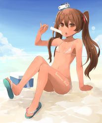 Rule 34 | 10s, 1girl, arm support, beach, bikini, brown eyes, brown hair, cooler, dark-skinned female, dark skin, day, flat chest, food, hair ribbon, kantai collection, libeccio (kancolle), looking at viewer, micro bikini, open mouth, popsicle, ribbon, sandals, shin (new), side-tie bikini bottom, sitting, solo, swimsuit, tongue, tongue out, twintails, white bikini
