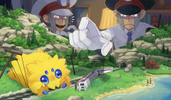 2boys absurdres blue_necktie brothers collared_shirt creatures_(company) emmet_(pokemon) game_freak gen_2_pokemon gen_5_pokemon gloves grey_eyes grey_hair guppyfish77 highres indoors ingo_(pokemon) joltik mareep model_train multiple_boys necktie nintendo pokemon pokemon_(creature) pokemon_bw reaching shirt siblings smile twins white_gloves white_shirt yellow_fur