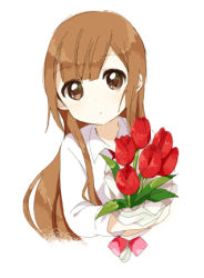 Rule 34 | 1girl, bouquet, brown eyes, brown hair, flower, long hair, lowres, namori, oomuro hanako, simple background, solo, white background, yuru yuri