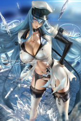 Rule 34 | 1girl, abs, akame ga kill!, banned artist, blue eyes, blue hair, boots, breasts, chest tattoo, cleavage, esdeath, garter belt, garter straps, hair between eyes, hat, ice, large breasts, long hair, looking at viewer, military, military hat, military uniform, navel, open clothes, peaked cap, rapier, sakimichan, smile, solo, standing, sword, tattoo, thigh boots, thighhighs, thighs, torn clothes, uniform, very long hair, weapon, white thighhighs
