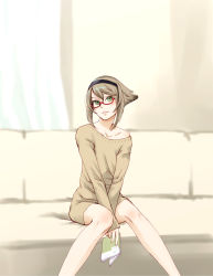 Rule 34 | 10s, 1girl, bad id, bad pixiv id, bespectacled, between legs, book, brown hair, casual, couch, dress, glasses, green eyes, hair ornament, hairband, hand between legs, indoors, kaburagi yuki, kantai collection, looking at viewer, looking up, mutsu (kancolle), off shoulder, parted lips, red-framed eyewear, semi-rimless eyewear, short hair, sitting, smile, solo, sweater, sweater dress, under-rim eyewear, v arms