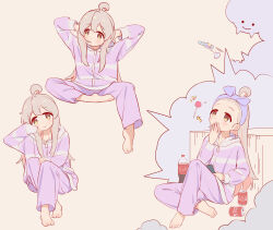Rule 34 | 1girl, :&gt;, ahoge, barefoot, can, candy, chinese commentary, coca-cola, commentary request, drink can, feet, food, full body, grey hair, hairband, highres, holding, holding phone, hood, hood down, hoodie, lollipop, long hair, long sleeves, multiple views, onii-chan wa oshimai!, oyama mahiro, pants, phone, plastic bottle, simple background, sitting, smile, yellow eyes, zipper pull tab, ziyan yi