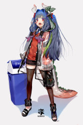 Rule 34 | 1girl, absurdres, asymmetrical footwear, bad id, bad pixiv id, bag, black thighhighs, blue hair, blue necktie, blush, braid, buttons, dohyo123123, double-breasted, dragon horns, dragon tail, full body, highres, horns, jacket, long hair, mismatched footwear, necktie, open mouth, original, plastic bag, red eyes, see-through, see-through jacket, shuriken hair ornament, solo, tail, thighhighs, uneven footwear