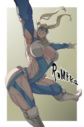 Rule 34 | 1girl, ass, blonde hair, blue eyes, blue leotard, boots, breasts, character name, cleavage cutout, clothing cutout, gradient background, grin, highres, hip attack, knee pads, kugara4423, large breasts, leotard, long hair, mask, muscular, muscular female, open mouth, rainbow mika, shoulder cutout, smile, solo, street fighter, street fighter v, thick thighs, thighs, twintails, white footwear, wrestling outfit
