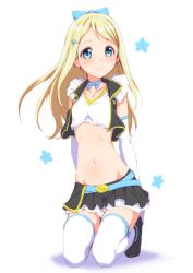 Rule 34 | 10s, 1girl, alternate costume, ayase alisa, bare shoulders, blonde hair, blue eyes, blush, bow, choker, clearite, elbow gloves, gloves, hair bow, hair ornament, hairclip, highres, jewelry, kneeling, long hair, looking at viewer, love live!, love live! school idol project, midriff, navel, necklace, no brand girls, ribbon choker, skirt, smile, solo