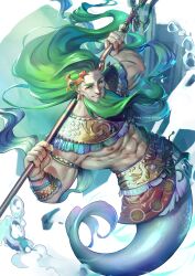 Rule 34 | 1boy, abs, absurdres, ancient greek clothes, bara, beard, facial hair, from above, gold, greco-roman clothes, green hair, hades (series), hades 2, highres, holding behind neck, holding trident, large pectorals, laurel crown, long beard, looking at viewer, male focus, merman, mermay 2024, monster boy, monsterification, muscular, muscular male, nipples, pectorals, poseidon (hades), reddjackal, seductive smile, smile, solo, stomach, thick eyebrows, underwater, very long beard