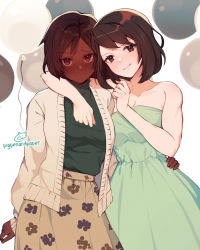 Rule 34 | 2girls, arm around neck, balloon, bare arms, bare shoulders, black hair, breasts, brown eyes, brown jacket, brown skirt, cleavage, closed mouth, collarbone, commission, dark-skinned female, dark skin, dress, green dress, green shirt, hand on another&#039;s hip, jacket, long sleeves, looking at viewer, medium breasts, multiple girls, numbers (pigpenandpaper), open clothes, open jacket, original, red eyes, shirt, signature, simple background, skirt, sleeves past wrists, smile, strapless, strapless dress, white background