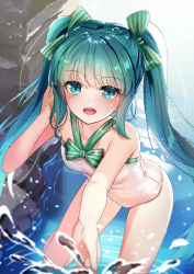 Rule 34 | 1girl, aqua eyes, aqua hair, bad id, bad pixiv id, blurry, blurry foreground, blush, bow, breasts, depth of field, hair bow, hand in own hair, hatsune miku, highres, long hair, looking at viewer, one-piece swimsuit, open mouth, small breasts, solo, splashing, standing, striped, striped bow, swimsuit, twintails, vocaloid, water, yan (nicknikg)