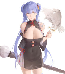 Rule 34 | 1girl, arm behind back, azur lane, bad id, bad pixiv id, bird, black dress, blue hair, breasts, brown eyes, china dress, chinese clothes, cleavage, closed mouth, commentary request, double bun, dress, eagle, essex (azur lane), essex (brush and ink) (azur lane), hair bun, hair ornament, hand on back, hand up, lips, long hair, looking at viewer, medium breasts, official alternate costume, revision, rifu (643763873), solo, standing, white background
