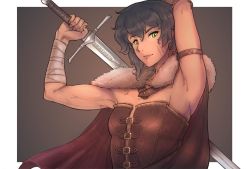 Rule 34 | 1girl, arm up, armpits, bandages, bandaged arm, bandages, black hair, bloopiest, breasts, cape, carina (bloopiest), scar on face, green eyes, original, pathfinder, scar, scar on cheek, scar on face, short hair, slit pupils, small breasts, smile, solo, sword, toned, upper body, weapon