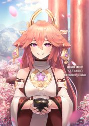 Rule 34 | 1girl, artist name, blush, breasts, character name, cloud, copyright name, ctiahao, cup, detached sleeves, dress, genshin impact, hair between eyes, highres, holding, holding cup, medium breasts, mountain, parted lips, petals, pink hair, purple eyes, sky, solo, white dress, yae miko