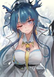 Rule 34 | 1girl, ;), arknights, blue eyes, blush, braid, breasts, closed mouth, detached collar, dragon horns, dress, eyeshadow, head tilt, highres, horns, kaguura (kagu), large breasts, ling (arknights), long hair, long sleeves, looking at viewer, makeup, necktie, one eye closed, outstretched arm, pointy ears, smile, solo, strapless, strapless dress, upper body, very long hair, white dress, wide sleeves, yellow necktie