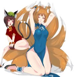 Rule 34 | 2girls, animal ears, arms up, blonde hair, bow, brown hair, cat ears, cat tail, chen, china dress, chinese clothes, dress, dress shirt, earrings, fox ears, fox tail, hat, jewelry, kneeling, looking at another, mob cap, multiple girls, multiple tails, nekomata, panzer (p.z), red eyes, shirt, shoes, short hair, short sleeves, simple background, single earring, sleeveless, tail, touhou, white background, wrist cuffs, yakumo ran, yellow eyes