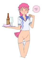 Rule 34 | 1girl, bad id, bad pixiv id, bottle, brown eyes, chestnut mouth, cote, cropped legs, cup, drinking glass, flat color, long hair, looking at viewer, navel, no pants, original, panties, panty pull, pink hair, pussy, school uniform, serafuku, simple background, solo, thigh gap, tray, uncensored, underwear, white background