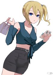 Rule 34 | 1girl, artist name, bad id, bad pixiv id, bag, bare shoulders, belt, black skirt, blonde hair, blue eyes, blue nails, blue scrunchie, breasts, cellphone, cleavage, detached sleeves, dolphenry, hair between eyes, hair ornament, hair scrunchie, handbag, hayasaka ai, highres, iphone 11 pro, kaguya-sama wa kokurasetai ~tensai-tachi no renai zunousen~, looking at viewer, midriff, miniskirt, nail polish, no, open mouth, pencil skirt, phone, scrunchie, side ponytail, simple background, skirt, smartphone, solo, thighs, white background