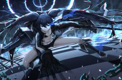 Rule 34 | 1girl, absurdres, arm support, bikini, bikini top only, black hair, black rock shooter, black rock shooter (character), blue eyes, highres, holding, holding weapon, long hair, shorts, solo, swimsuit, tokyo (1421), very long hair, weapon