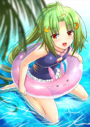 Rule 34 | 1girl, :3, :d, blue one-piece swimsuit, crescent, crescent hair ornament, flower knight girl, full body, green hair, hair ornament, hairclip, highres, innertube, kneeling, long hair, looking at viewer, negimaki (negimaki256), one-piece swimsuit, open mouth, partially submerged, ponytail, red eyes, sankaku saboten (flower knight girl), signature, smile, solo, swim ring, swimsuit, water