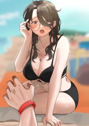 Rule 34 | 1girl, 1other, bikini, black bikini, black hair, blurry, blurry background, blush, breasts, brown eyes, cleavage, day, ear piercing, eminaoka, glasses, glint, hair between eyes, hand up, highres, jewelry, large breasts, long hair, looking at viewer, necklace, open mouth, original, outdoors, piercing, solo focus, swimsuit