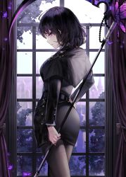 Rule 34 | 1girl, a0lp, ahoge, backlighting, belt, black capelet, black dress, black hair, black pantyhose, breasts, bug, butterfly, capelet, commentary request, copyright request, cowboy shot, curtains, day, dress, from behind, hand on own hip, highres, holding, holding scythe, holding weapon, indoors, insect, korean commentary, long sleeves, looking at viewer, looking back, medium breasts, pantyhose, parted lips, purple eyes, scythe, short dress, short hair, solo, weapon, window