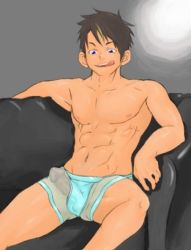 Rule 34 | 1boy, abs, boxers, brown hair, bulge, censored, chair, erection, erection under clothes, itto (mentaiko), licking lips, male focus, male underwear, mosaic censoring, muscular, penis, see-through, simple background, solo, tongue, tongue out, underwear