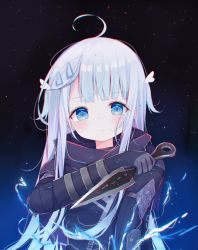 Rule 34 | 1girl, ahoge, amatsuka uto, apex legends, black bodysuit, black scarf, blue eyes, bodysuit, breasts, closed mouth, commentary, cosplay, deyui, hair ornament, hairclip, highres, holding, holding weapon, indie virtual youtuber, kunai, long hair, scarf, silver hair, small breasts, solo, two side up, upper body, virtual youtuber, weapon, wing hair ornament, wraith (apex legends), wraith (apex legends) (cosplay)