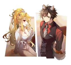 Rule 34 | 1boy, 1girl, akira (ying), animal ears, black choker, black pants, black vest, brown hair, chinese commentary, choker, collarbone, collared shirt, dog boy, dog ears, dog tail, eyebrow cut, grey necktie, hair behind ear, jewelry, necklace, necktie, nijisanji, nox (vtuber), nox official, pants, parted lips, pink pants, ponytail, red eyes, red shirt, shirt, sitting, smile, sparkle hair ornament, tail, tanoshiba (virtuareal), vest, virtual youtuber, virtuareal, watermark, white shirt