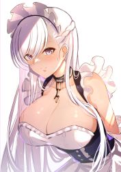 Rule 34 | 1girl, absurdres, arms behind back, azur lane, belfast (azur lane), blue eyes, breasts, cleavage, closed mouth, cuffs, dress, highres, huge breasts, large breasts, leaning forward, long hair, looking at viewer, maid, maid headdress, pnatsu, shackles, silver hair, smile, solo, white background