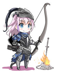 Rule 34 | 1girl, armor, arrow (projectile), blue eyes, bow (weapon), chainmail, dark souls (series), dark souls i, fatkewell, fire, fireplace, girls&#039; frontline, hand on own hip, helmet, pink hair, quiver, scarf, smile, solo, st ar-15 (girls&#039; frontline), sword, weapon