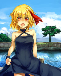 Rule 34 | 1girl, aged up, alternate costume, annoyed, blonde hair, blush, cloud, day, fang, female focus, hair ribbon, highres, melon22, open mouth, red eyes, ribbon, rumia, short hair, sky, sleeveless, solo, touhou, tree, water, wristband