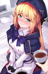 Rule 34 | 1girl, artoria caster (fate), artoria caster (second ascension) (fate), artoria pendragon (fate), belt, beret, black gloves, black pantyhose, blonde hair, blue cape, blue headwear, blush, breasts, buttons, cape, double-breasted, dress, fate/grand order, fate (series), gloves, green eyes, hat, highres, hood, hooded cape, long hair, long sleeves, looking at viewer, multicolored cape, multicolored clothes, ninoude (ninoude44), pantyhose, red cape, small breasts, thighs, twintails, white dress