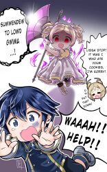 1boy 2girls absurdres aged_down axe battle_axe blonde_hair blue_eyes blue_hair child chrom_(child)_(fire_emblem) chrom_(fire_emblem) commission dress emmeryn_(child)_(fire_emblem) emmeryn_(fire_emblem) english_text evil_smile fire_emblem fire_emblem_awakening fire_emblem_heroes fleeing highres holding holding_axe kagura_oni lissa_(child)_(fire_emblem) lissa_(fire_emblem) multiple_girls nintendo open_mouth red_eyes short_twintails smile speech_bubble twintails weapon white_dress