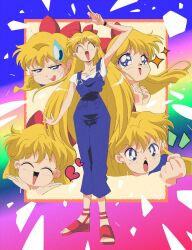 Rule 34 | absurdres, aino minako, bishoujo senshi sailor moon, blonde hair, bow, breasts, closed eyes, earrings, full body, heart, highres, jewelry, open mouth, potiri02, red bow, red footwear, retro artstyle, small breasts, toes, variations