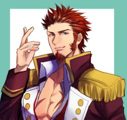 Rule 34 | 1boy, 5cara cara5, beard, blue eyes, brown hair, epaulettes, facial hair, fate/grand order, fate (series), long sideburns, long sleeves, looking at viewer, male focus, military, military uniform, napoleon bonaparte (fate), open clothes, pectorals, scar, sideburns, simple background, smile, solo, uniform