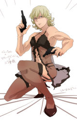 Rule 34 | 10s, 1boy, @@@, bad id, bad pixiv id, barnaby brooks jr., blonde hair, crossdressing, dual wielding, garter belt, glasses, gun, high heels, holding, lace, lingerie, male focus, shoes, solo, thighhighs, tiger &amp; bunny, underwear, weapon, white background