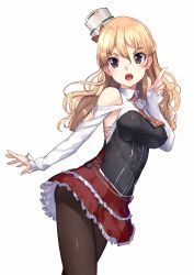 Rule 34 | 10s, 1girl, akasaai, bare shoulders, black pantyhose, blonde hair, blush, breasts, brown eyes, cowboy shot, hair between eyes, highres, index finger raised, kantai collection, large breasts, long hair, long sleeves, looking at viewer, miniskirt, open mouth, pantyhose, red skirt, simple background, skirt, solo, standing, teeth, wavy hair, white background, zara (kancolle)