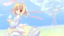 Rule 34 | 1girl, animal ears, blonde hair, blush, character name, closed mouth, commentary request, cowboy shot, crescent, dress, emurin, english text, grass, hair between eyes, highres, looking at viewer, looking to the side, medium hair, original, rabbit ears, rabbit girl, rabbit tail, red eyes, ribbon, sideways glance, smile, solo, tail, tree, white dress, white headdress, wide sleeves