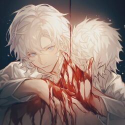 Rule 34 | 1boy, blood, blood on hands, blue eyes, closed mouth, dante (devil may cry), devil may cry, devil may cry (series), devil may cry 2, highres, lolvivianli, looking at viewer, pale skin, shirt, white hair, white shirt