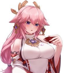 Rule 34 | 1girl, :o, animal ears, bare shoulders, blush, breasts, cherry blossoms, chien zero, commentary, cup, detached sleeves, earrings, eyes visible through hair, floppy ears, fox ears, genshin impact, hair between eyes, highres, holding, holding cup, japanese clothes, jewelry, long hair, looking down, low-tied long hair, medium breasts, nail polish, necklace, nontraditional miko, pink hair, pink nails, purple eyes, sakazuki, shirt, sidelocks, simple background, sleeveless, sleeveless shirt, solo, turtleneck, upper body, vision (genshin impact), white background, white shirt, wide sleeves, yae miko