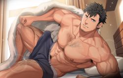 Rule 34 | 1boy, abs, arm hair, armpit hair, armpits, bara, bed, bed sheet, biceps, black hair, blue eyes, building, bulge, chest hair, facial hair, hairy, large pectorals, leg hair, light, long sideburns, looking at viewer, lying, male focus, male underwear, manly, mature male, muscular, muscular male, navel, navel hair, nipples, no pants, nullq (nullqllun), on side, original, pectorals, pillow, room, sideburns, solo, sparkle, stubble, thick arms, thick thighs, thighs, topless male, underwear, veins, veiny arms, window