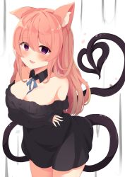 Rule 34 | 1girl, absurdres, animal ear fluff, animal ears, arms under breasts, bare shoulders, black collar, black dress, blue ribbon, blush, breast hold, breasts, cleavage, collar, commentary request, demon tail, detached collar, dress, fang, hair between eyes, highres, large breasts, leaning forward, long hair, long sleeves, looking at viewer, mizu (lzzrwi603), neck ribbon, off-shoulder dress, off shoulder, open mouth, original, pink hair, purple eyes, ribbon, sleeves past wrists, solo, tail, tail raised, wing collar