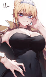 Rule 34 | 1girl, absurdres, black dress, blonde hair, blue eyes, bluecup, blush, breasts, brown jacket, cleavage, commentary, costume request, covered navel, dress, hand on own hip, highres, hololive, hololive english, jacket, jacket on shoulders, large breasts, looking at viewer, simple background, smile, solo, strapless, strapless dress, virtual youtuber, watch, watson amelia, watson amelia (party dress), white background, wristwatch