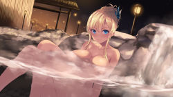 Rule 34 | 1girl, bath, bathing, blonde hair, blue eyes, blush, boku wa tomodachi ga sukunai, breasts, butterfly hair ornament, cait aron, collarbone, commentary request, completely nude, floating breasts, hair ornament, highres, kashiwazaki sena, lamppost, large breasts, long hair, looking at viewer, nude, onsen, outdoors, partially submerged, partially underwater shot, rock, sitting, smile, solo, steam, underwater, water, wet