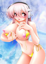 Rule 34 | 1girl, bikini, blush, breasts, covered erect nipples, headphones, highres, large breasts, nipples, nitroplus, open mouth, pink hair, red eyes, solo, super sonico, swimsuit, usso, wardrobe malfunction