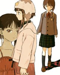 Rule 34 | 1girl, asymmetrical hair, bear hat, black skirt, black socks, brown eyes, brown footwear, brown hair, camisole, closed mouth, earrings, from side, grey jacket, hair ornament, hairclip, highres, iwakura lain, jacket, jewelry, loafers, long sleeves, looking at viewer, looking down, neck ribbon, parted bangs, plaid, plaid skirt, profile, red ribbon, renshu usodayo, ribbon, school uniform, serial experiments lain, shirt, shoes, short hair, simple background, single sidelock, skirt, socks, spaghetti strap, standing, upper body, white jacket, white shirt, x hair ornament