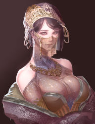 Rule 34 | 1girl, bare shoulders, black background, black hair, breasts, brown eyes, closed mouth, commentary request, dress, earrings, gold trim, hair ornament, highres, jewelry, kaburagi yasutaka, large breasts, looking at viewer, mouth veil, necklace, original, see-through, shiny clothes, simple background, sleeveless, solo, turtleneck, upper body, veil