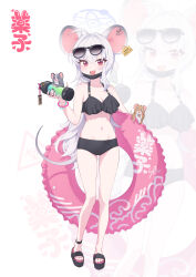 Rule 34 | 1girl, absurdres, animal, animal ears, bikini, black bikini, black nails, blue archive, blush, breasts, cleavage, collarbone, dong ji, ear tag, eyewear on head, fingernails, frilled bikini, frills, full body, grey hair, grey halo, hair between eyes, halo, highres, holding, long hair, medium breasts, mouse (animal), mouse ears, mouse tail, nail polish, navel, nezusuke (blue archive), open mouth, red eyes, sandals, saya (blue archive), simple background, smile, solo, sunglasses, swimsuit, tail, toes, white background, zoom layer